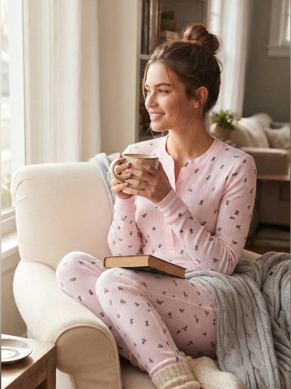 Victoria's Secret Thermal Pajama Set Pink Mistletoe Print Henley & Leggings XS